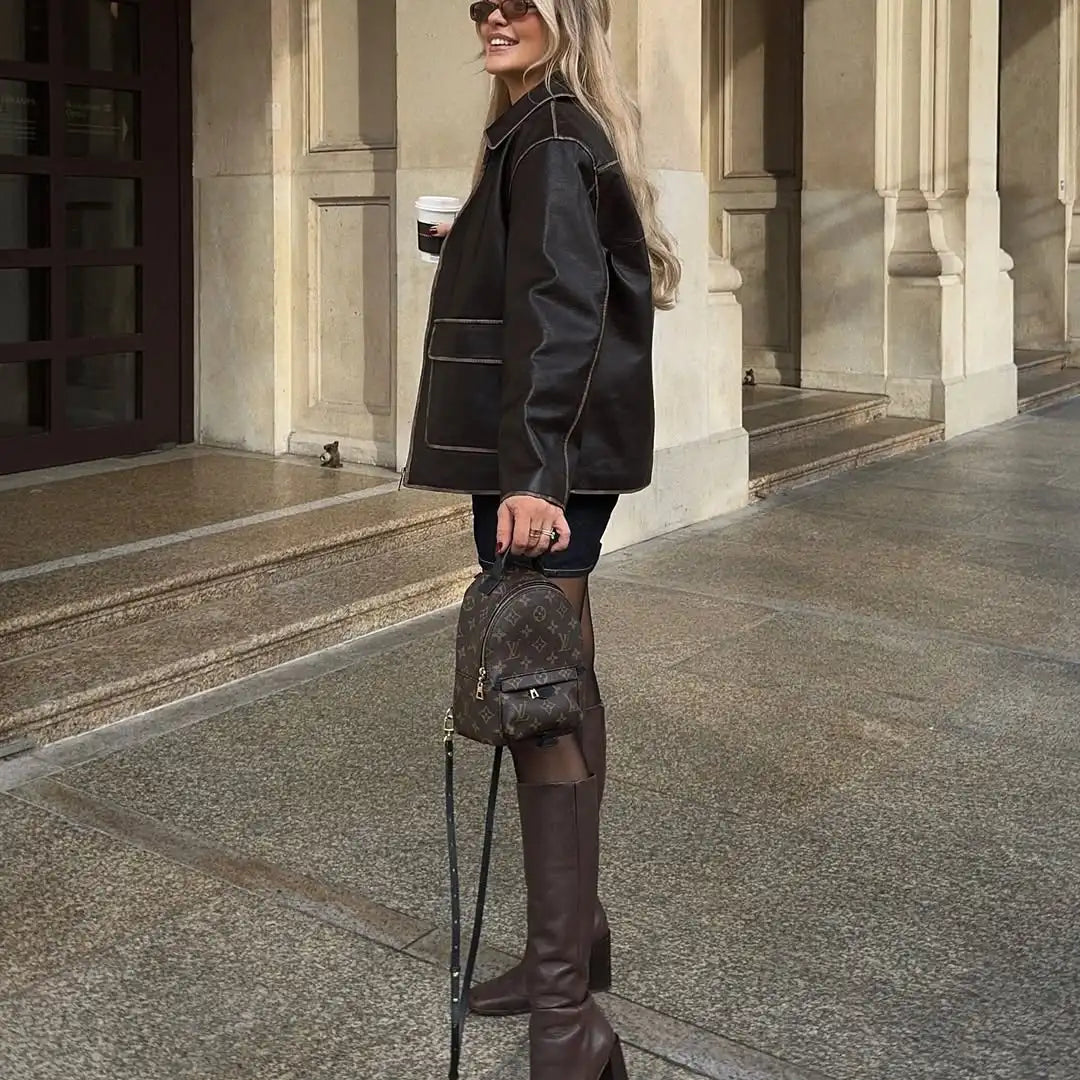 PuraDama™ Bruna | Giacca in pelle marrone con tasche a vista