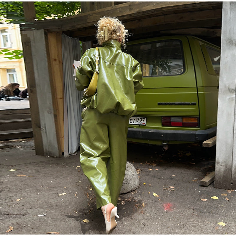 PuraDama™ Verde | Pantaloni in pelle effetto dritti verde oliva