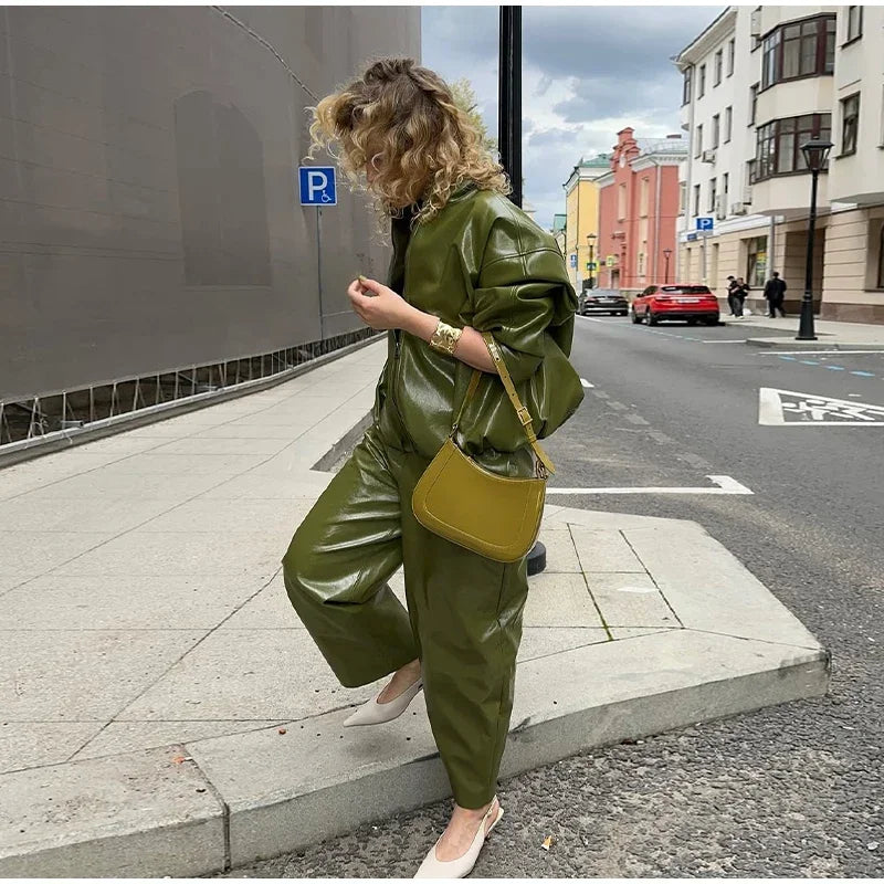 PuraDama™ Verde | Pantaloni in pelle effetto dritti verde oliva