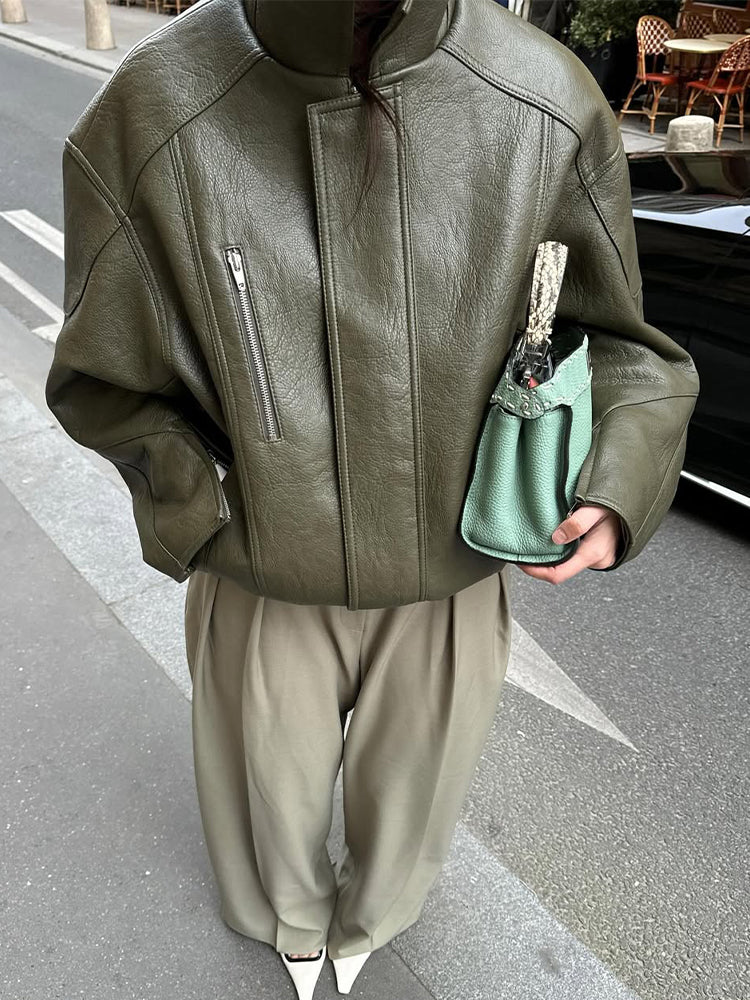 PuraDama™ Veyra | Giacca in pelle effetto oversize verde oliva