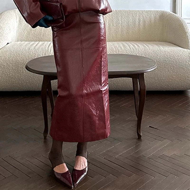 PuraDama™ Liora |Gonna effetto midi pelle bordeaux