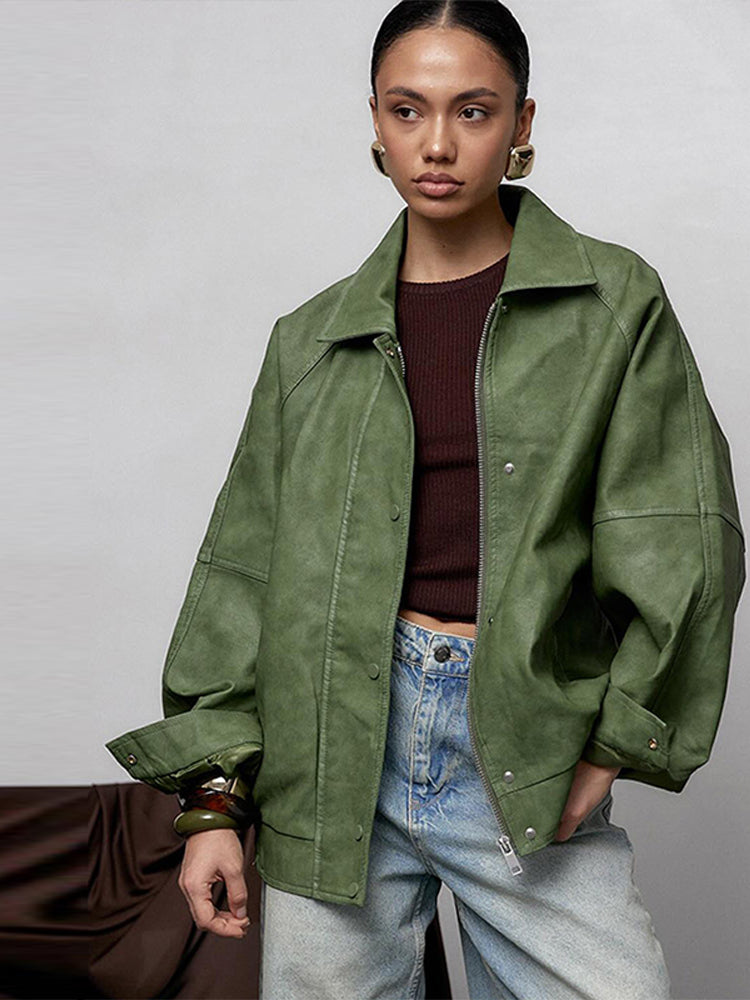 PuraDama™Olvien | Giacca oversize lunga in similpelle verde oliva