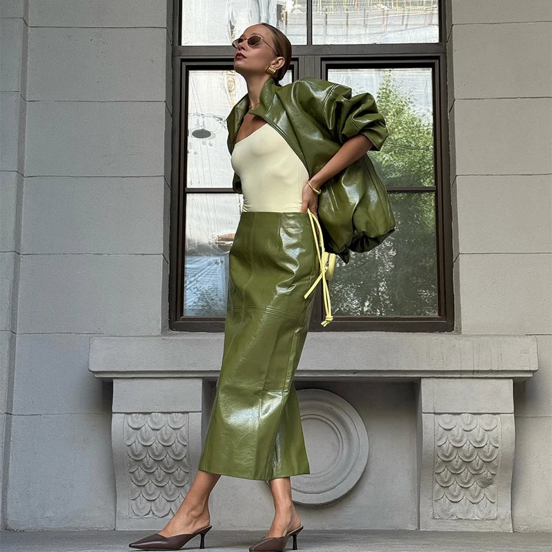 PuraDama™ Valente |Giacca oversize in similpelle verde oliva