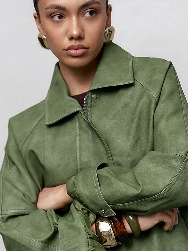PuraDama™Olvien | Giacca oversize lunga in similpelle verde oliva