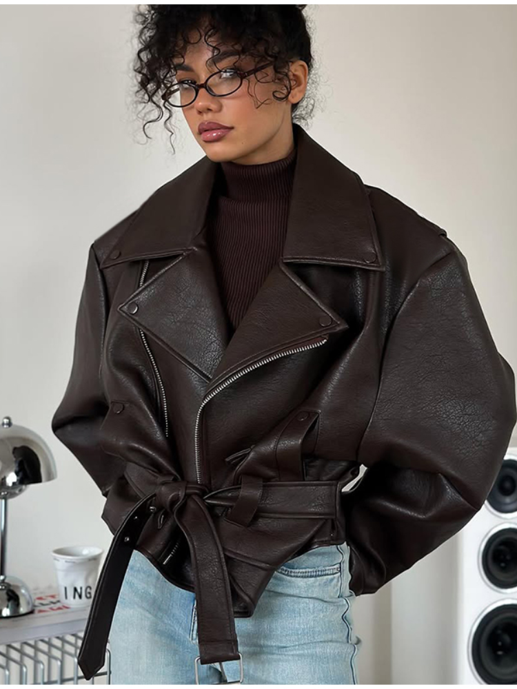PuraDama™ Nero | Giacca biker oversize in similpelle cioccolato