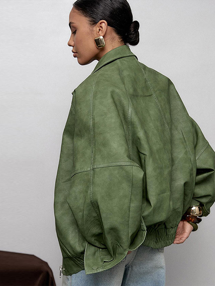 PuraDama™Olvien | Giacca oversize lunga in similpelle verde oliva