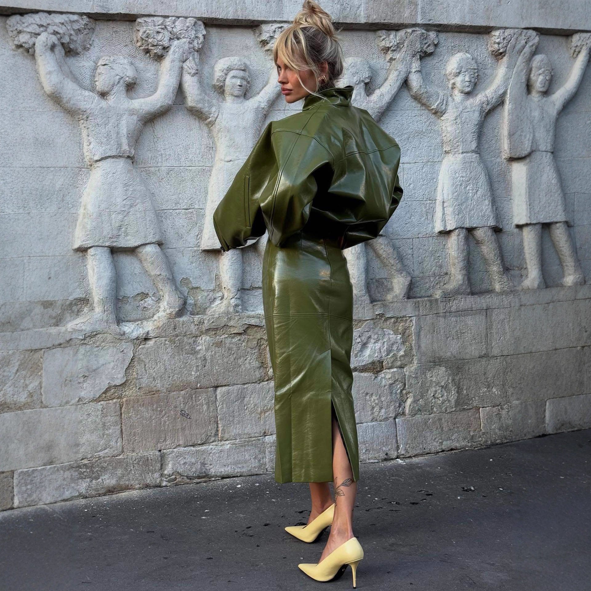 PuraDama™ Liora | Gonna midi effetto pelle verde oliva