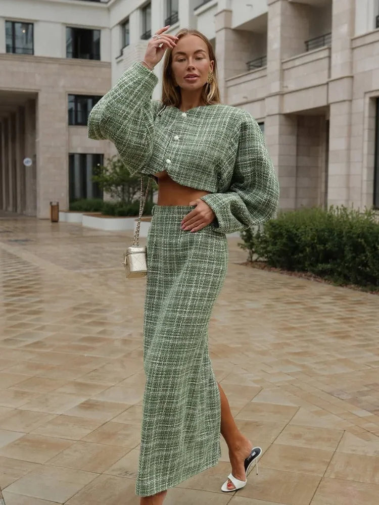 PuraDama™ Elodie | Tweed intero con giacca corta e gonna midi