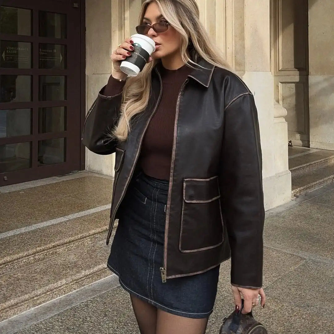 PuraDama™ Bruna | Giacca in pelle marrone con tasche a vista