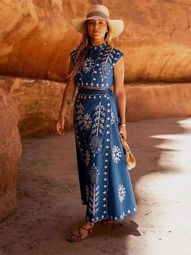 PuraDama™ Elira | Conjunto de top y falda bordado estilo mediterráneo