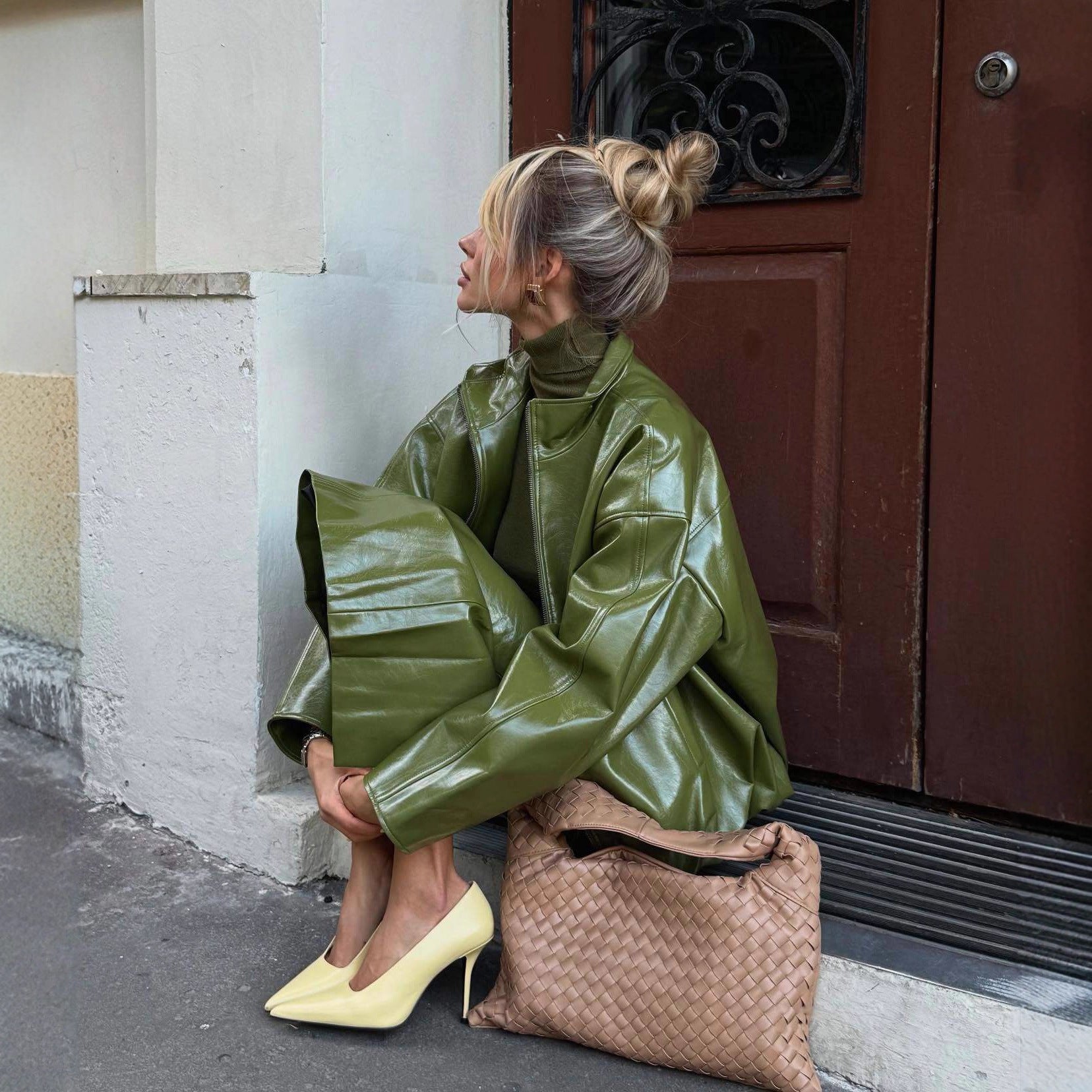 PuraDama™ Liora | Gonna midi effetto pelle verde oliva