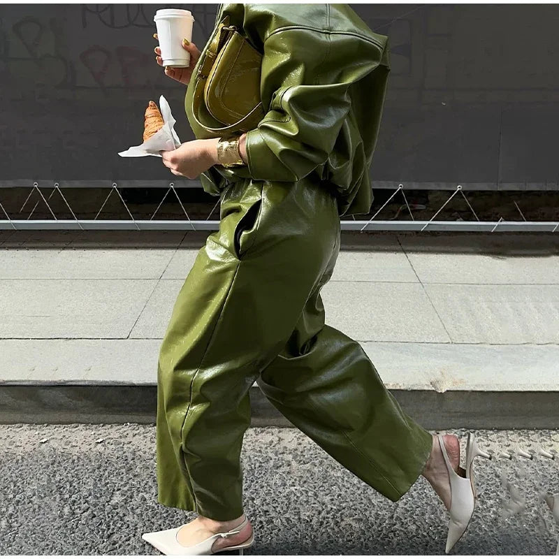 PuraDama™ Verde | Pantaloni in pelle effetto dritti verde oliva