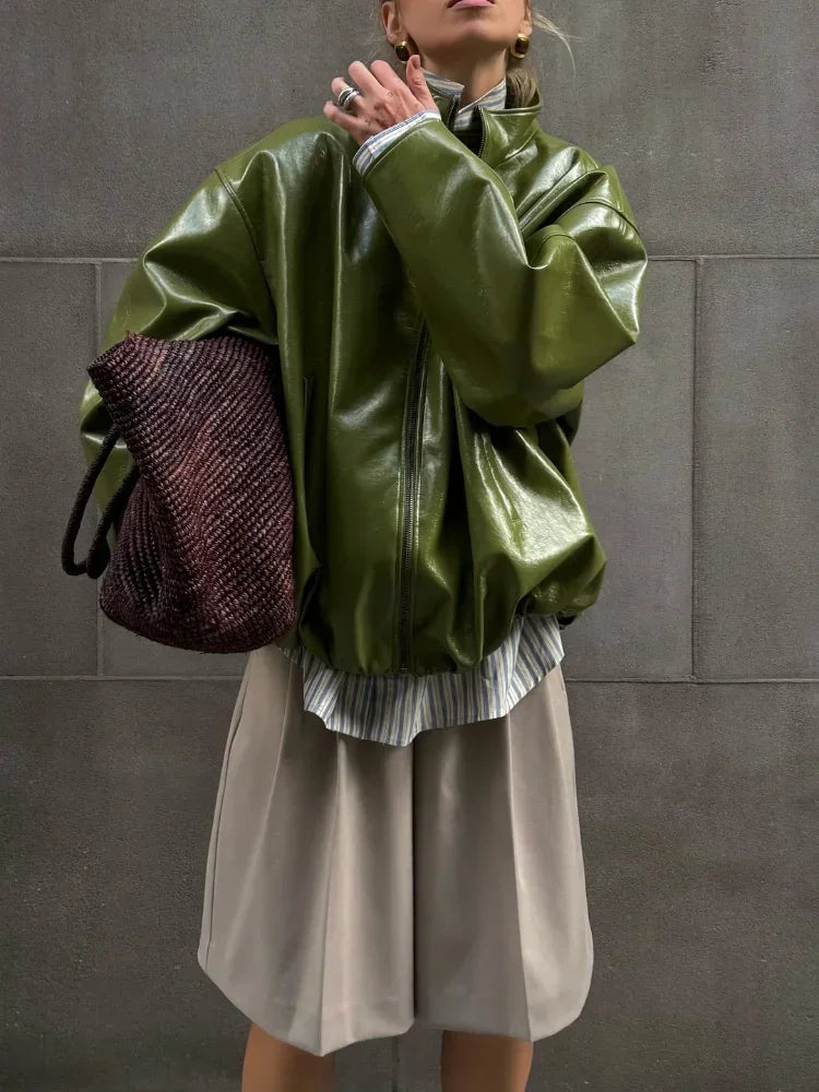 PuraDama™ Valente |Giacca oversize in similpelle verde oliva