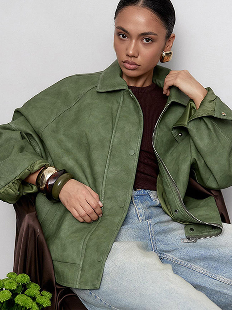 PuraDama™Olvien | Giacca oversize lunga in similpelle verde oliva