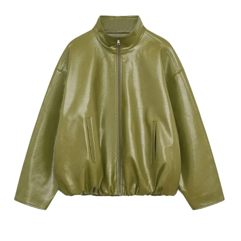 PuraDama™ Valente |Giacca oversize in similpelle verde oliva