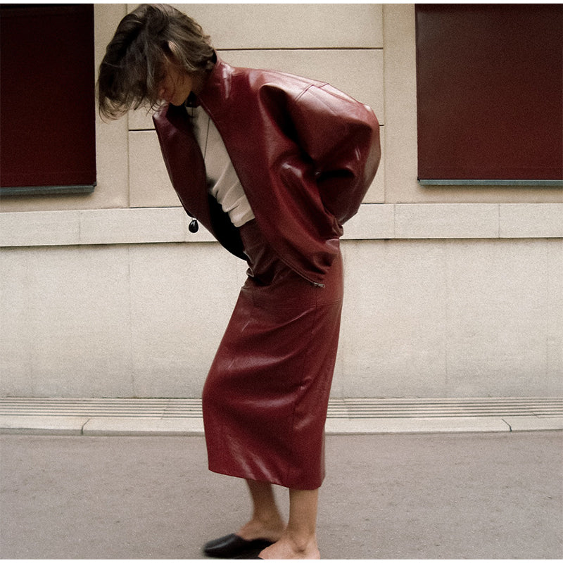 PuraDama™ Liora |Gonna effetto midi pelle bordeaux